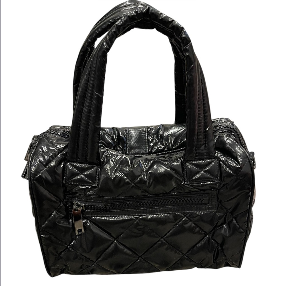 Oliver Thomas Quilted Patent Mini Duffel Bag Black Puffer Purse - Picture 2 of 16